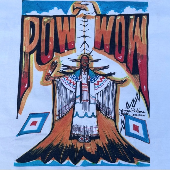 Vintage 90s Pow Wow Native American White Graphic T-shirt - Picture 3 of 7